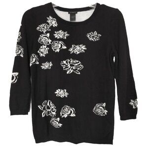Ann Taylor Sweater Black Thin Knit Intarsia Long Sleeve Corporate Crew Neck